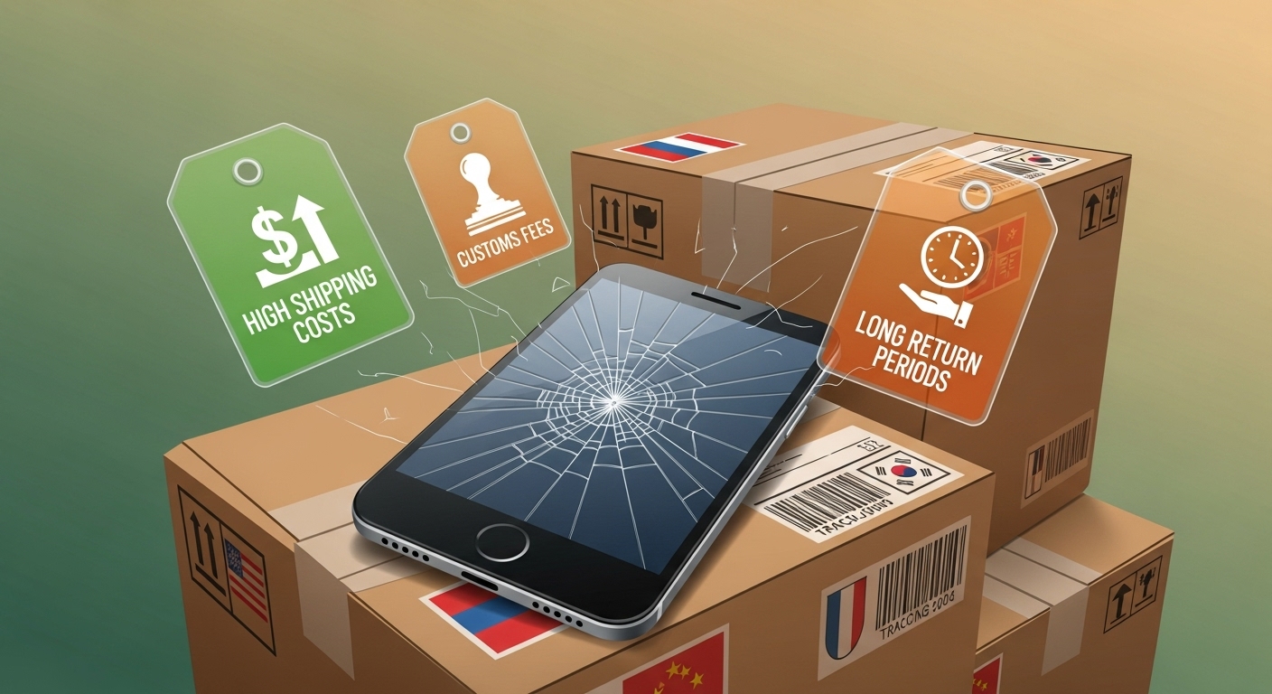 파손된 해외 직구 상품과 높은 국제 배송비, 관세 태그가 있는 박스들.