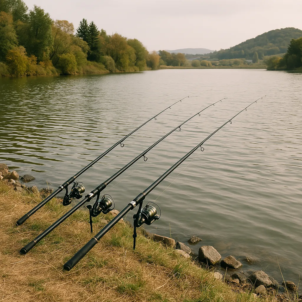 고요한 호숫가에서 낚싯대가 설치된 강화도 낚시 풍경
