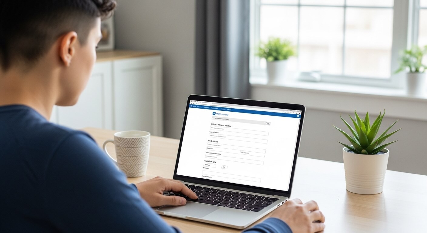 운전면허 갱신 신청서를 노트북에 입력하는 사람