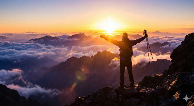 높은 산 정상에 올라 아래를 내려다보며 두 팔을 벌리고 있는 사람의 실루엣