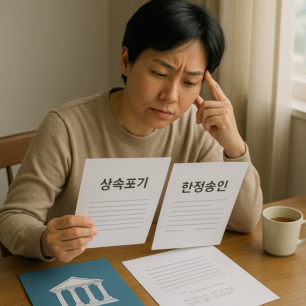 상속포기와 한정승인 중 어떤 선택을 할지 고민하며 관련 서류를 검토 중인 성인의 모습