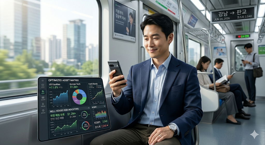 월요일 주말이 지난 아침 출근길, 든든하게 금감원 조사 타임라인과 실시간 수급 흐름을 분석하며 화려한 공지의 신기루에 흔들리지 않고 냉정하게 계좌 분산 리밸런싱 처방을 마친 스마트한 직장인 투자자의 평온한 미소 일러스트