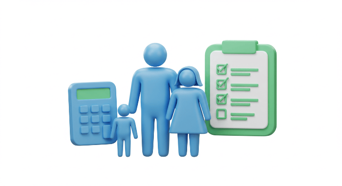 가족 구성원과 계산기, 체크리스트가 포함된 소득 기준 확인을 위한 3D 아이콘 이미지