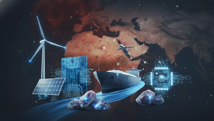 미&middot;이란 전쟁으로 인한 글로벌 경제의 복잡한 상황 속에서 에너지, 사이버 보안, 물류, 원자재, 첨단 기술 분야의 숨겨진 투자 기회를 상징적으로 나타낸 이미지