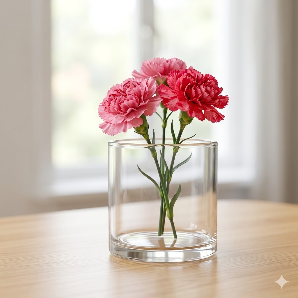 A clean and clear image of a carnation pot in a transparent glass, symbolizing the month of gratitude.