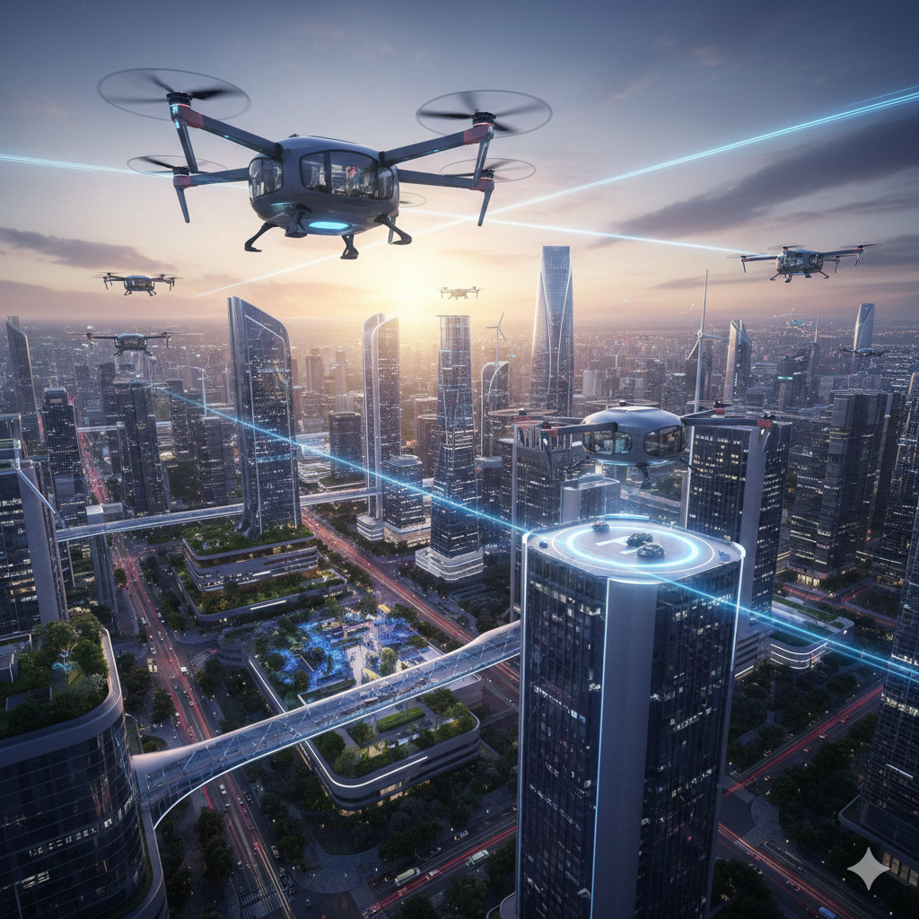 도심 상공을 비행하는 UAM 드론과 미래 지향적인 스마트 시티의 전경