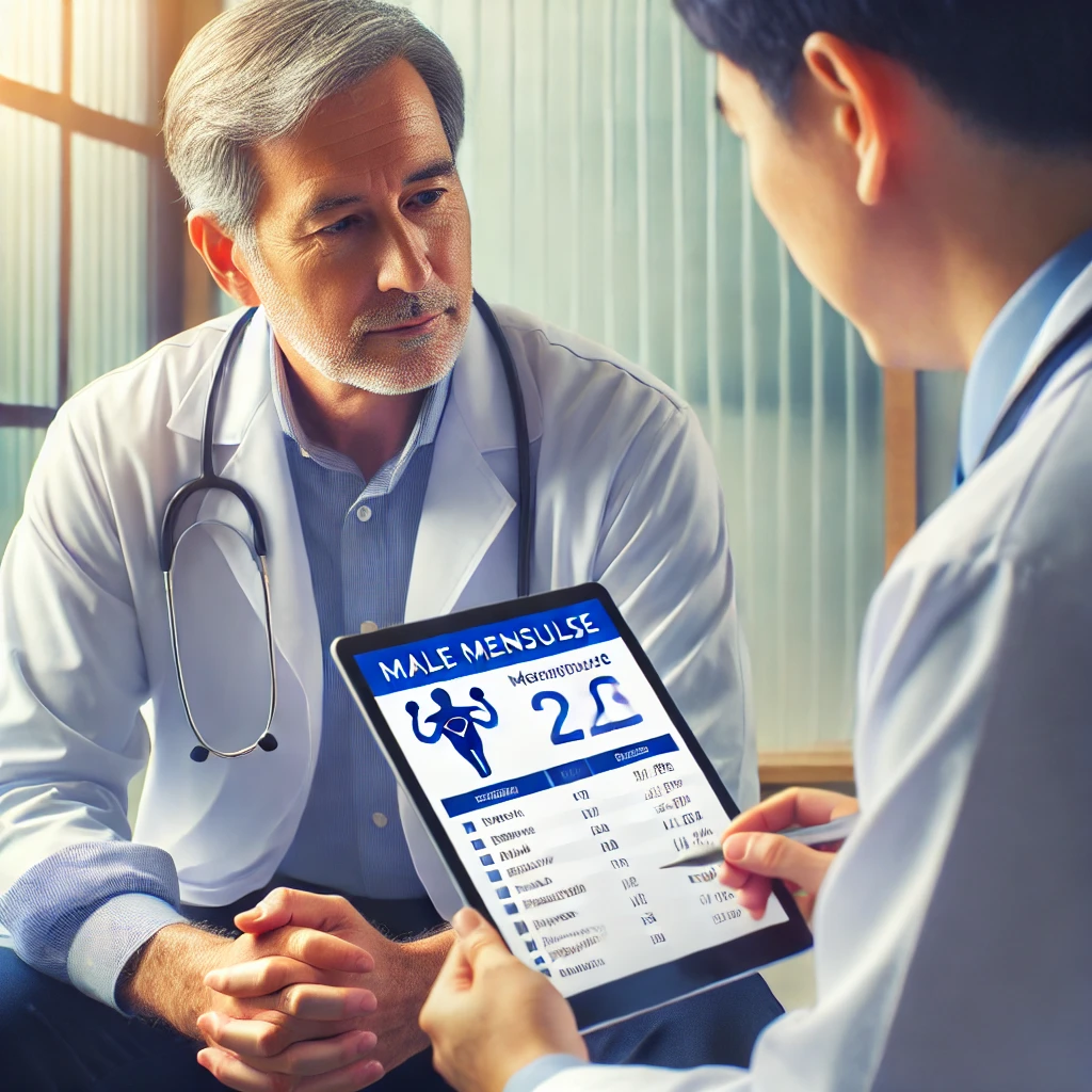 "강 검진을 받으며 의사가 태블릿으로 검사 결과를 설명하는 40~50대 중년 남성"