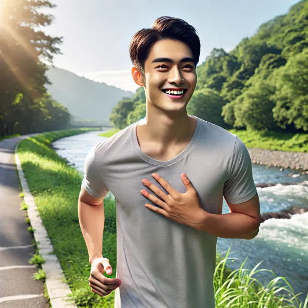 햇살 아래 강가를 가볍게 조깅하며 건강한 미소를 짓는 동양인 남성