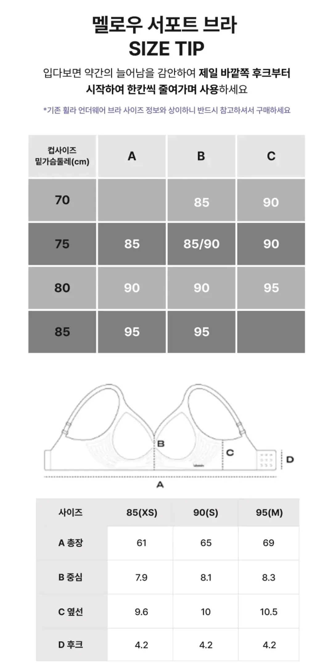 휠라 여자 언더웨어 멜로우 서포트 브라 사이즈 표