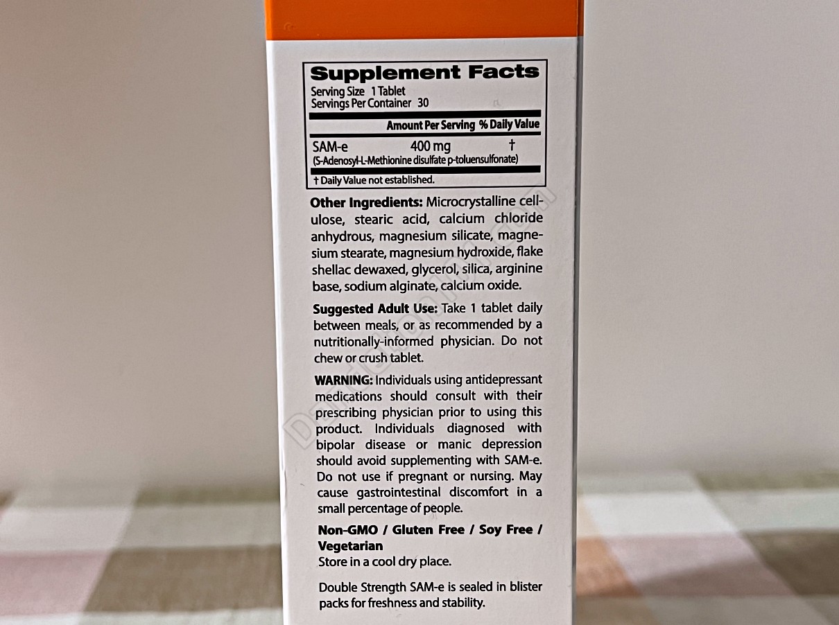 닥터스베스트 더블 스트랭스 SAM-e 400mg (Doctor's Best SAM-e Double Strength 400 mg) 영양 성분 정보, 다른 성분, 권장 사용법, 주의사항