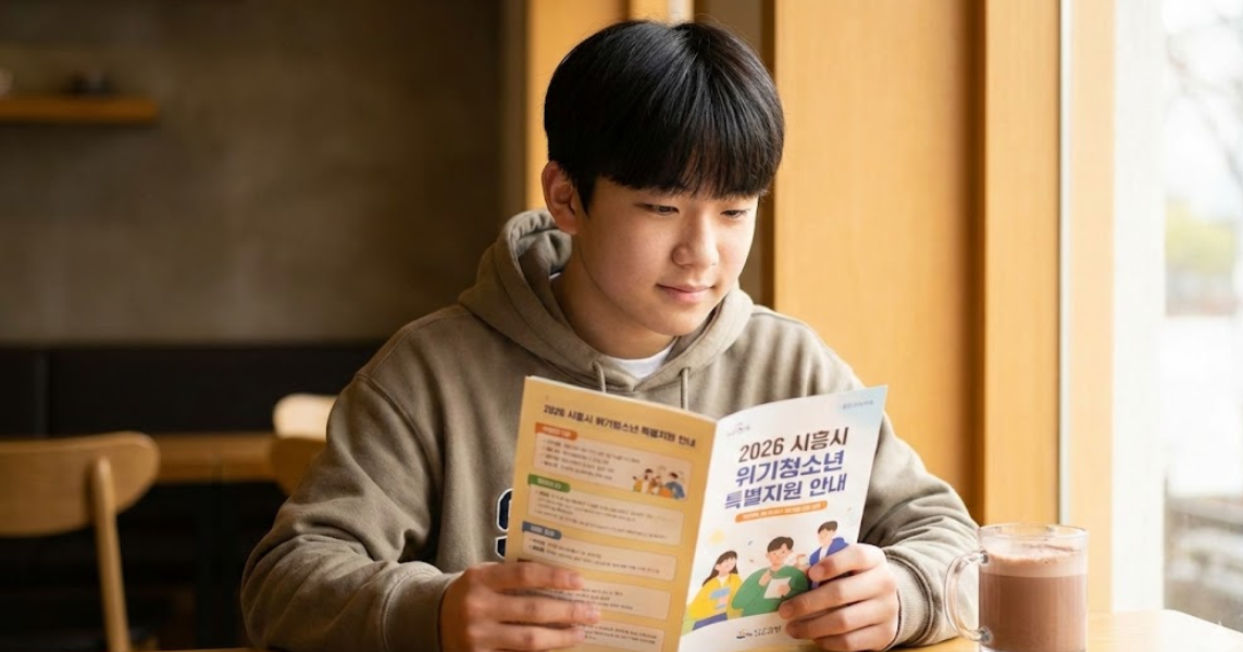 복지 정책 안내 리플릿을 유심히 살펴보는 청소년