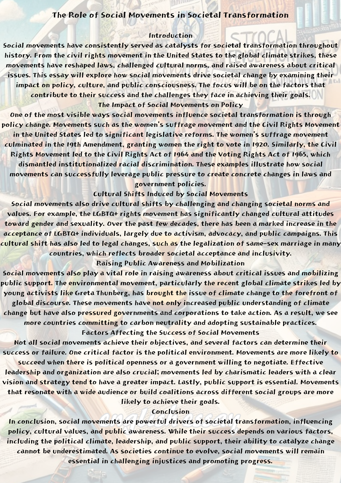 How to Write an Essay on "The Role of Social Movements in Societal Transformation" &ldquo;사회 운동이 사회 변화에 미치는 역할&rdquo;에 대한 에세이 쓰는 법