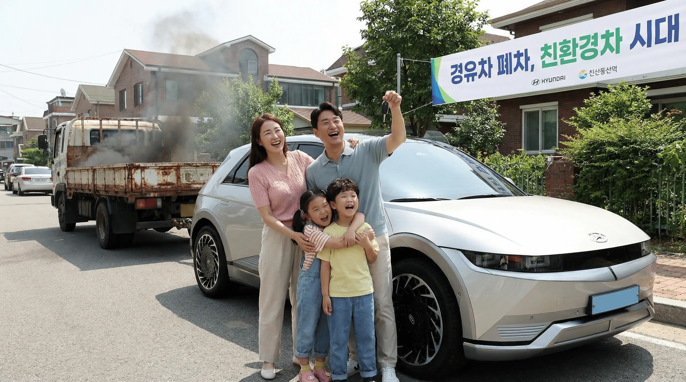 낡은 경유차를 보내고 깨끗한 친환경 신차 옆에서 열쇠를 들고 기뻐하는 가족의 모습