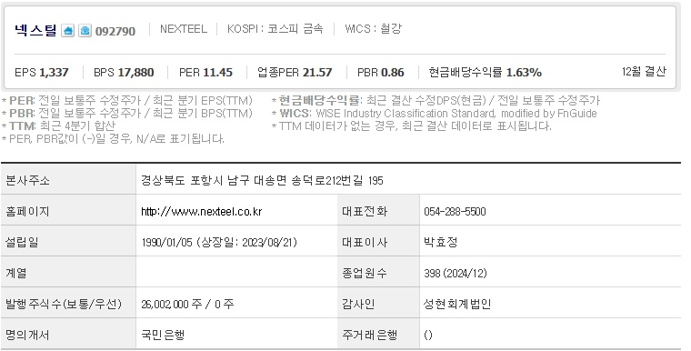 넥스틸 주가 기업개요 (0415)