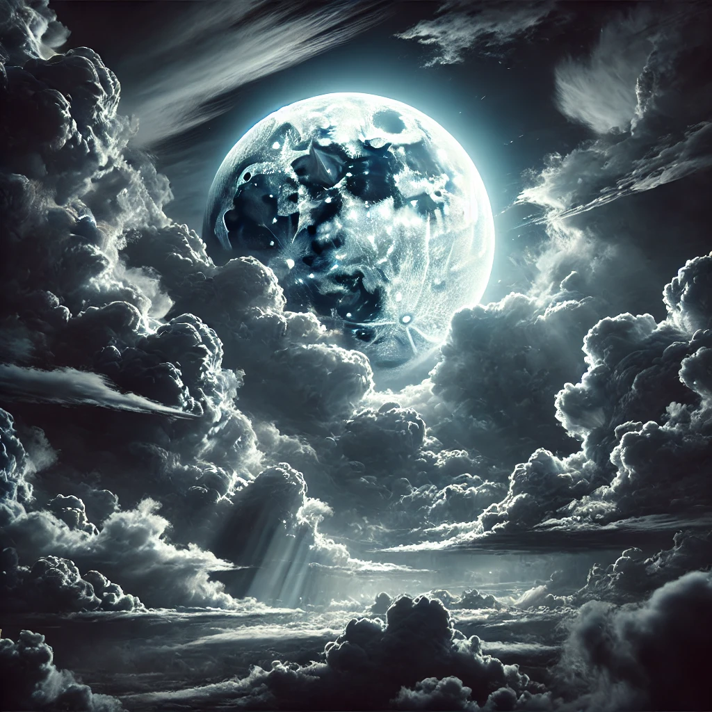 어두운 먹구름과 강렬한 하늘에 둘러싸인 극적이고 강렬한 분위기의 보름달