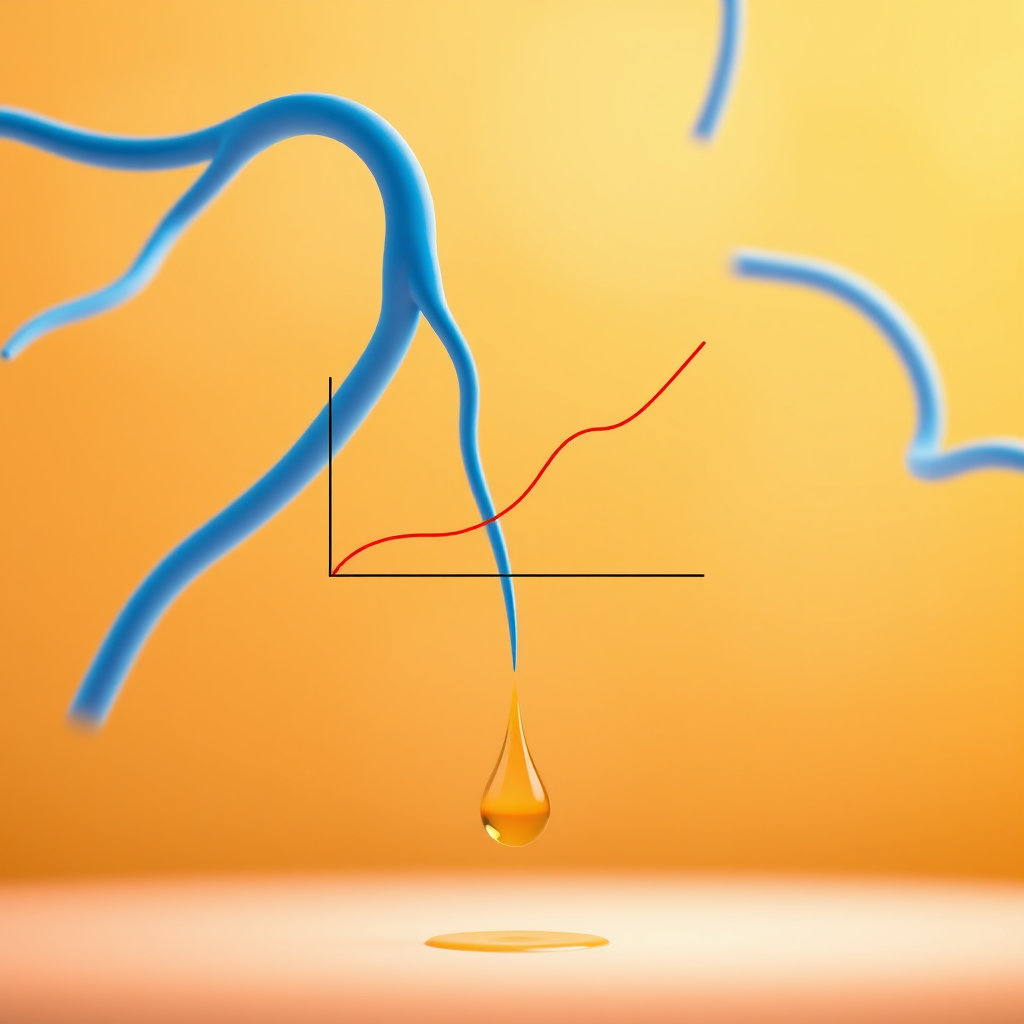 혈관을 나타내는 푸른 선 위에 안정적으로 유지되는 혈당 곡선을 그래프 형태로 시각화하고, 그 아래에 올리브 오일 한 방울이 떨어지면서 안정화에 기여하는 모습을 표현합니다. 의료적인 느낌보다는 부드럽고 희망적인 분위기를 연출합니다.