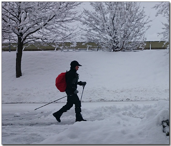 눈속에서 노르딕워킹하는 남자