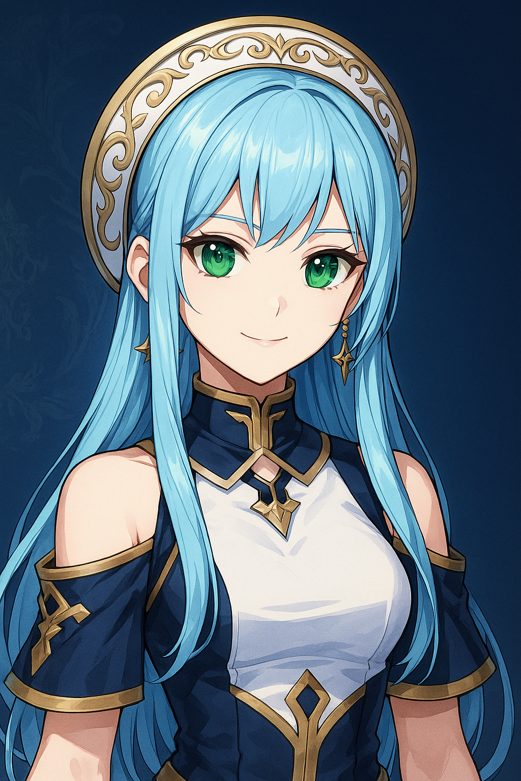 마비노기M 여성 캐릭터 일러스트 – 청록 머리와 금장 장식의 고풍스러운 복장을 입은 몽환적 분위기의 성스러운 소녀