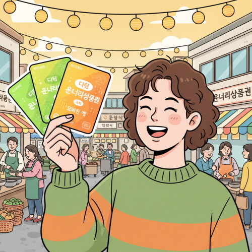 전통시장에서 온누리상품권을 들고 기뻐하는 주부의 모습