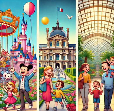 디즈니랜드, 루브르 박물관, 파리 식물원에서 여행하는 4인 가족 비교 사진