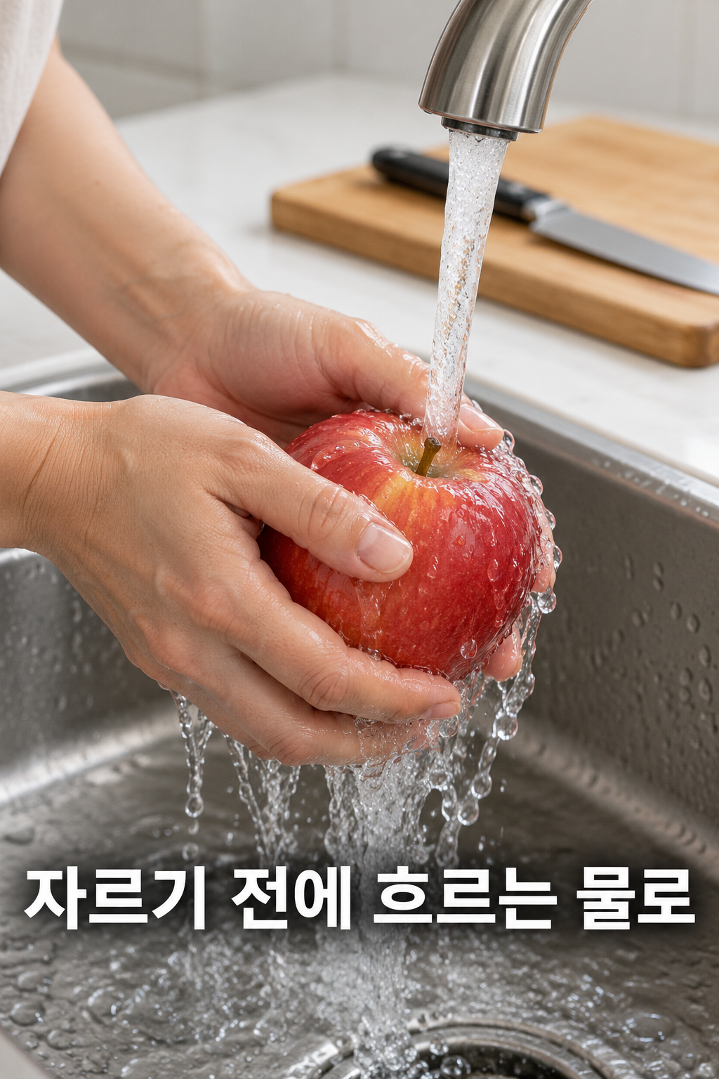 자르기 전에 흐르는 물에 통사과 표면을 문질러 씻는 장면.