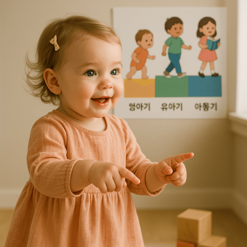 밝게 웃으며 두 손을 뻗고 있는 여자 유아의 모습