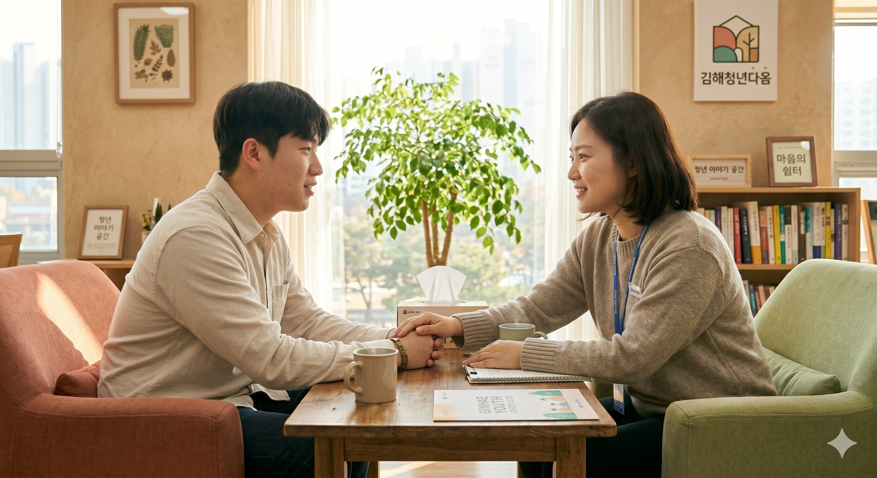 따뜻한 분위기의 상담실에서 이야기를 나누는 모습