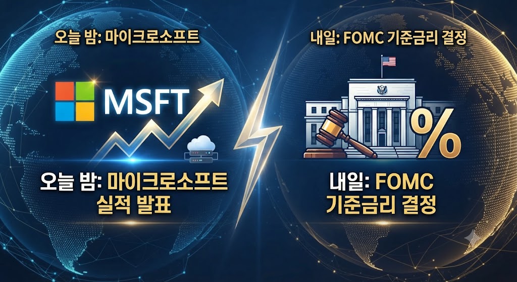 오늘 밤과 내일 예정된 핵심 경제 이벤트를 그래픽으로 예고했습니다. 지구를 중심으로 마이크로소프트(MSFT) 로고와 '실적 발표' 아이콘이 한 축을 이루고, 다른 한 축에는 미국 국회의사당을 배경으로 'FOMC'와 '기준금리 결정' 아이콘이 자리 잡고 있습니다. 두 아이콘 사이에는 긴장감 넘치는 화살표가 그려져 있어 시장의 이목이 집중됨을 보여줍니다.