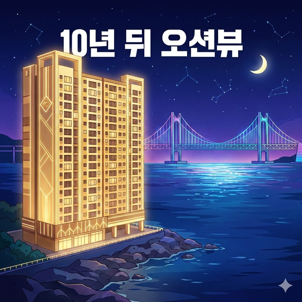밤바다와 광안대교가 보이는 부산의 고급 아파트 일러스트, '10년 뒤 오션뷰' 텍스트 포함