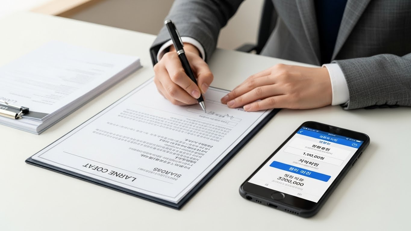 월세 세액공제를 받기 위해 임대차 계약서와 월세 이체 내역을 확인하는 한국인 세입자