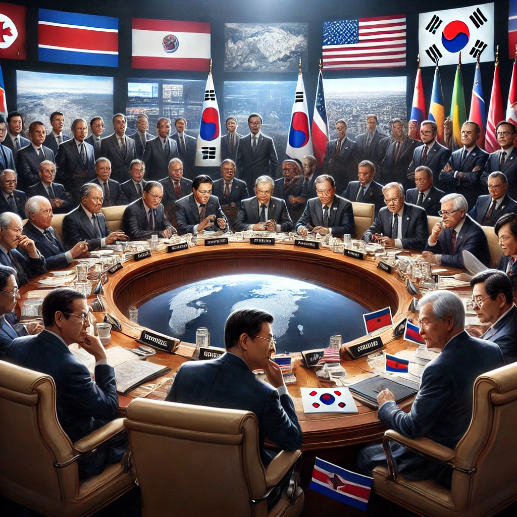 세계 각국의 정상들이 큰 회의 테이블에 둘러앉아 한국의 정치 상황을 깊이 고민하는 모습