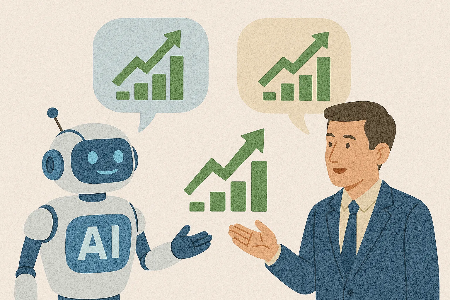 AI-챗봇과-사람-투자-자문가가-서로-비슷한-투자-조언을-제시하며-비교되는-모습을-표현한-디지털-일러스트