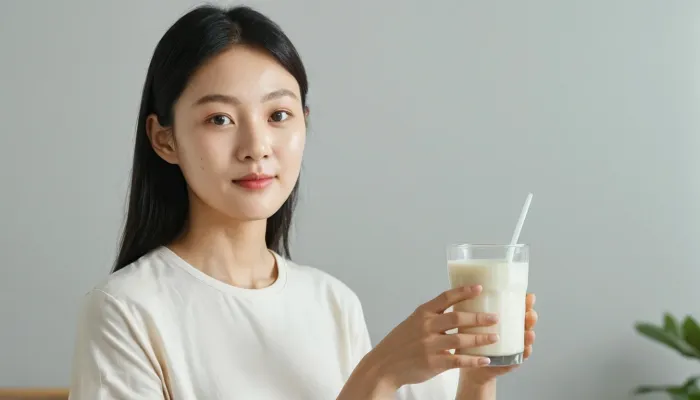 유산균을 손에 들고 미소 짓는 모습