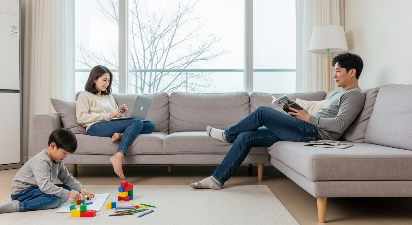 난방이 잘 된 겨울 실내에서 엄마는 노트북을 사용하고, 아빠는 소파에서 책을 읽고, 아이는 바닥에서 블록을 가지고 노는 자연스러운 한국 3인 가족 모습.