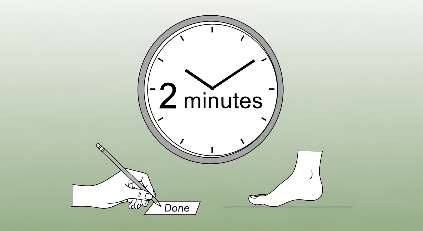 작은 시계가 2분을 가리키고, 사람이 간단한 작업을 시작하는 모습으로 '2분 규칙'의 쉬운 시작을 시각적으로 표현한 그림.