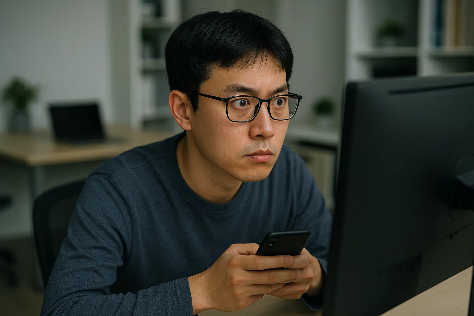 스마트폰이나 컴퓨터 모니터를 오랫동안 보는 사람, 눈을 깜빡이지 않고 집중하는 장면