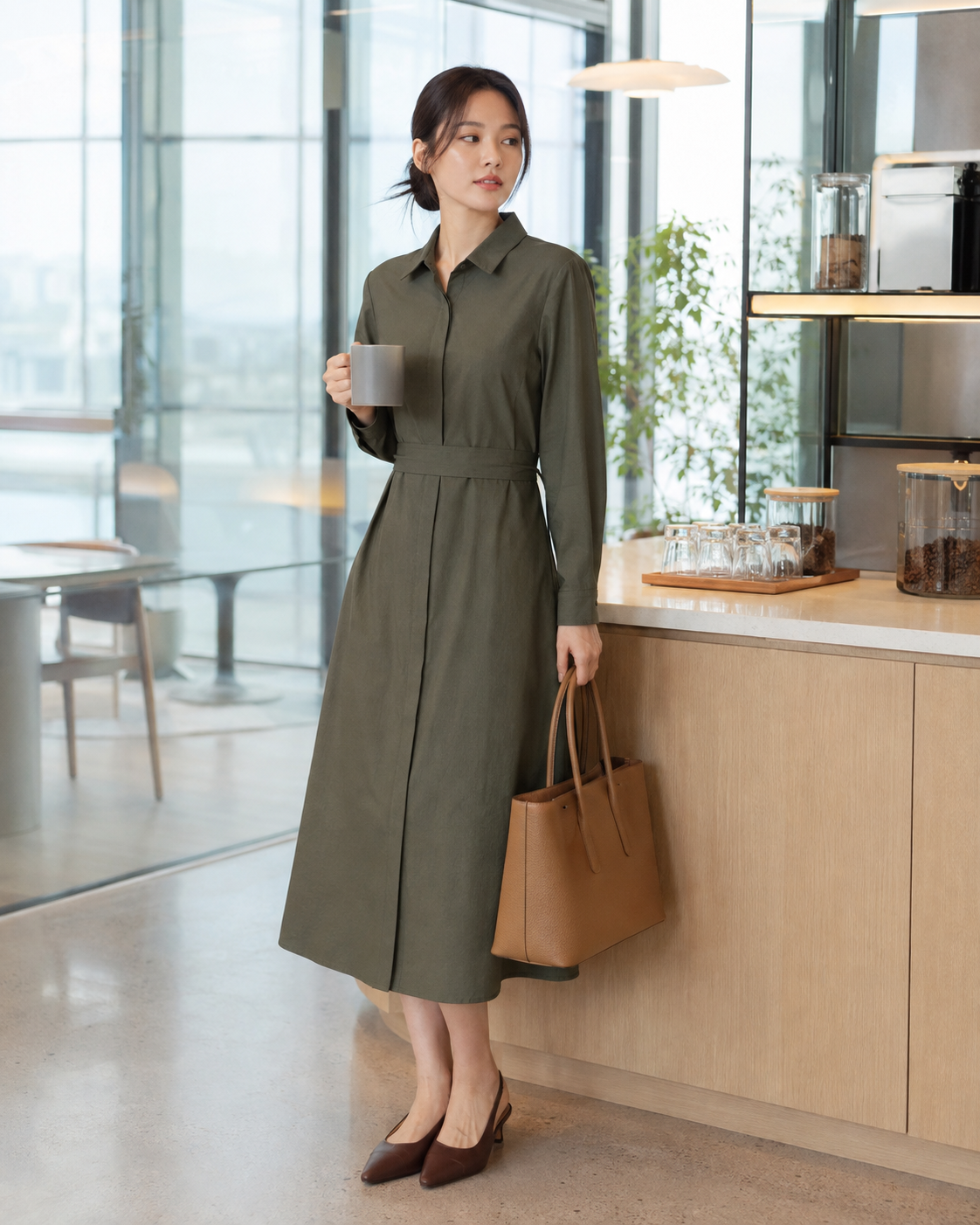출근룩은 세미 A라인 셔츠 원피스에서 옷의 길이와 실루엣이 신체 비율에 미치는 포인트를 보여주는 이미지입니다.