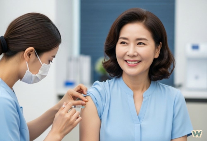 예방 접종을 받으며 미소 짓는 중년 여성 via canva