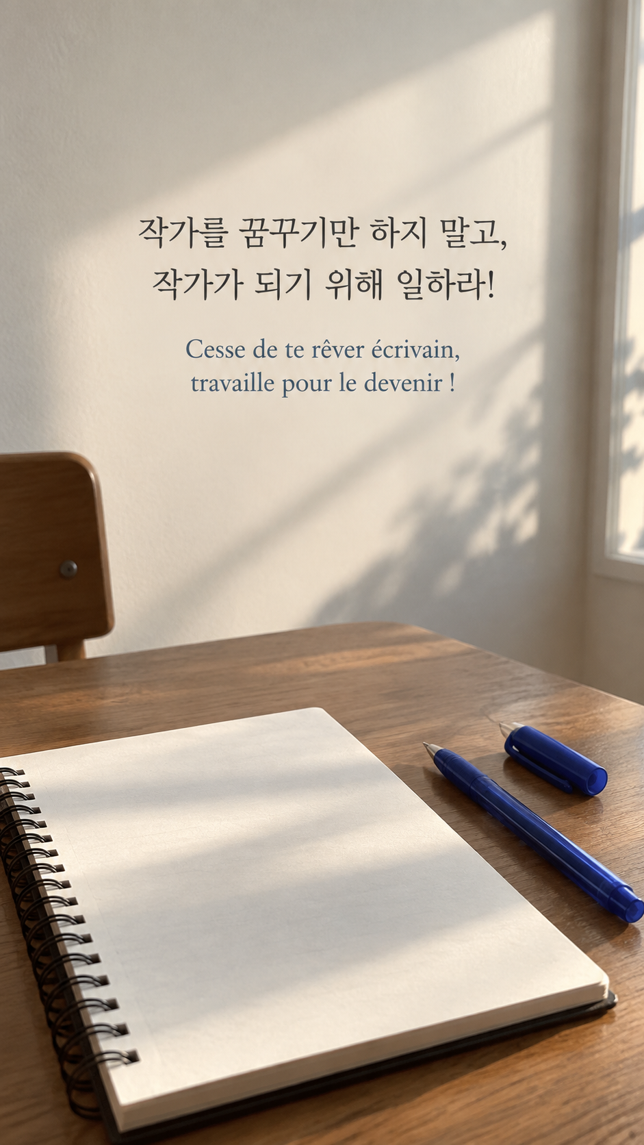 공책과 파란 펜 배경에 담은 기욤 뮈소의 말: 작가를 꿈꾸기만 하지 말고, 작가가 되기 위해 일하라!