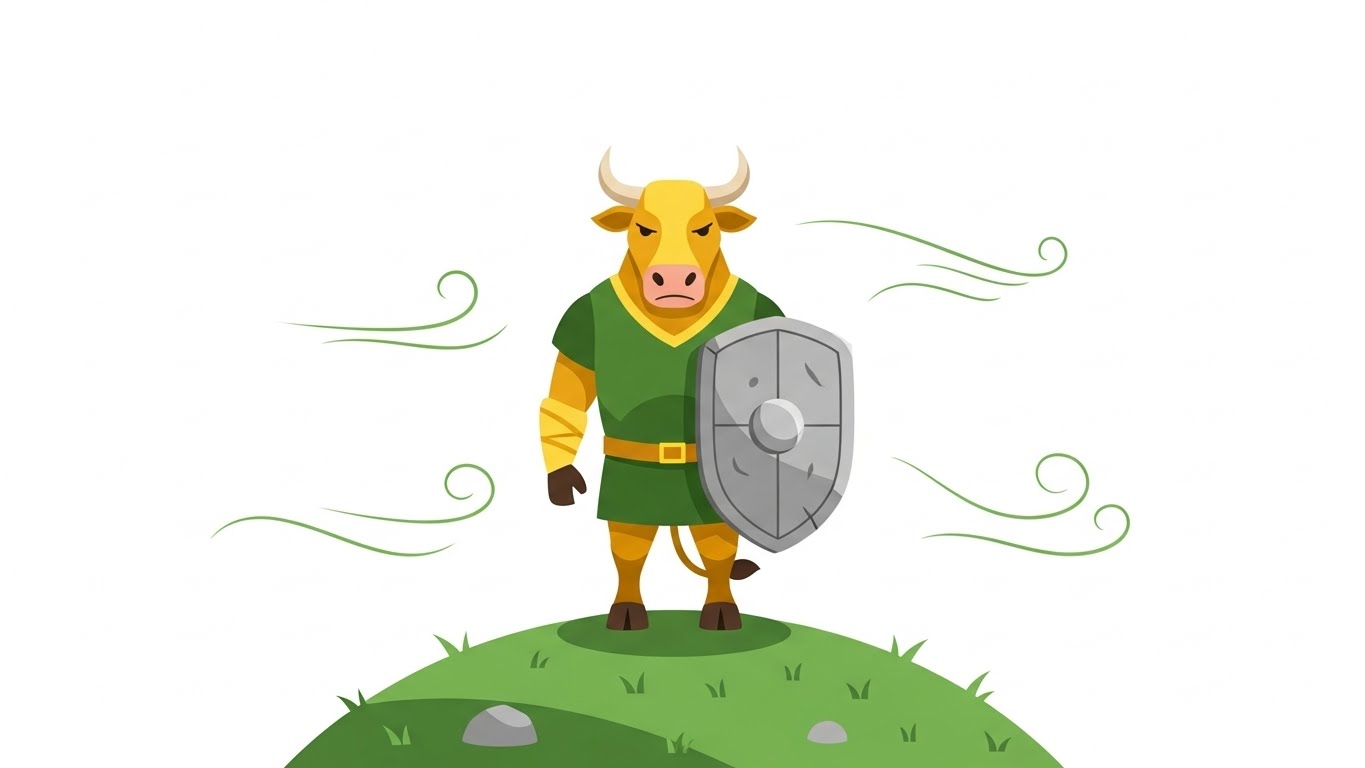 바람이 부는 언덕에서 방패를 들고 묵묵히 자리를 지키는 듬직한 소 캐릭터 일러스트