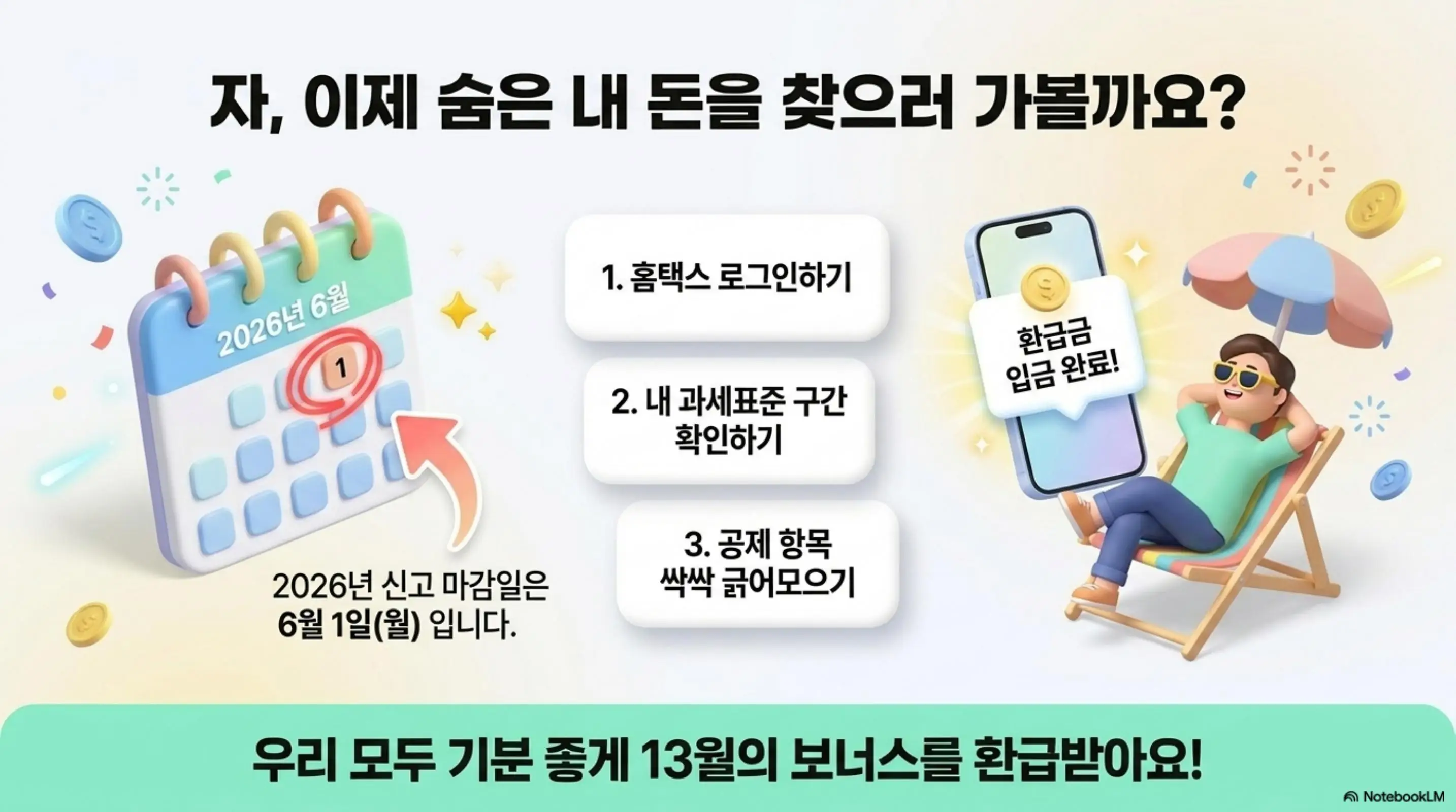 종합소득세 계산: &amp;#39;자&amp;#44; 이제 숨은 내 돈을 찾으러 가볼까요?&amp;#39;라는 문구와 2026년 신고 마감일 6월 1일 안내 및 홈택스 로그인&middot;과세표준 확인&middot;공제 항목 챙기기 3단계가 포함된 웹배너 이미지. 이 이미지는 종합소득세 신고 마감일과 환급 행동 유도를 시각적으로 전달하며&amp;#44; 블로그의 신고 일정 및 환급 안내와 관련된 내용을 설명함