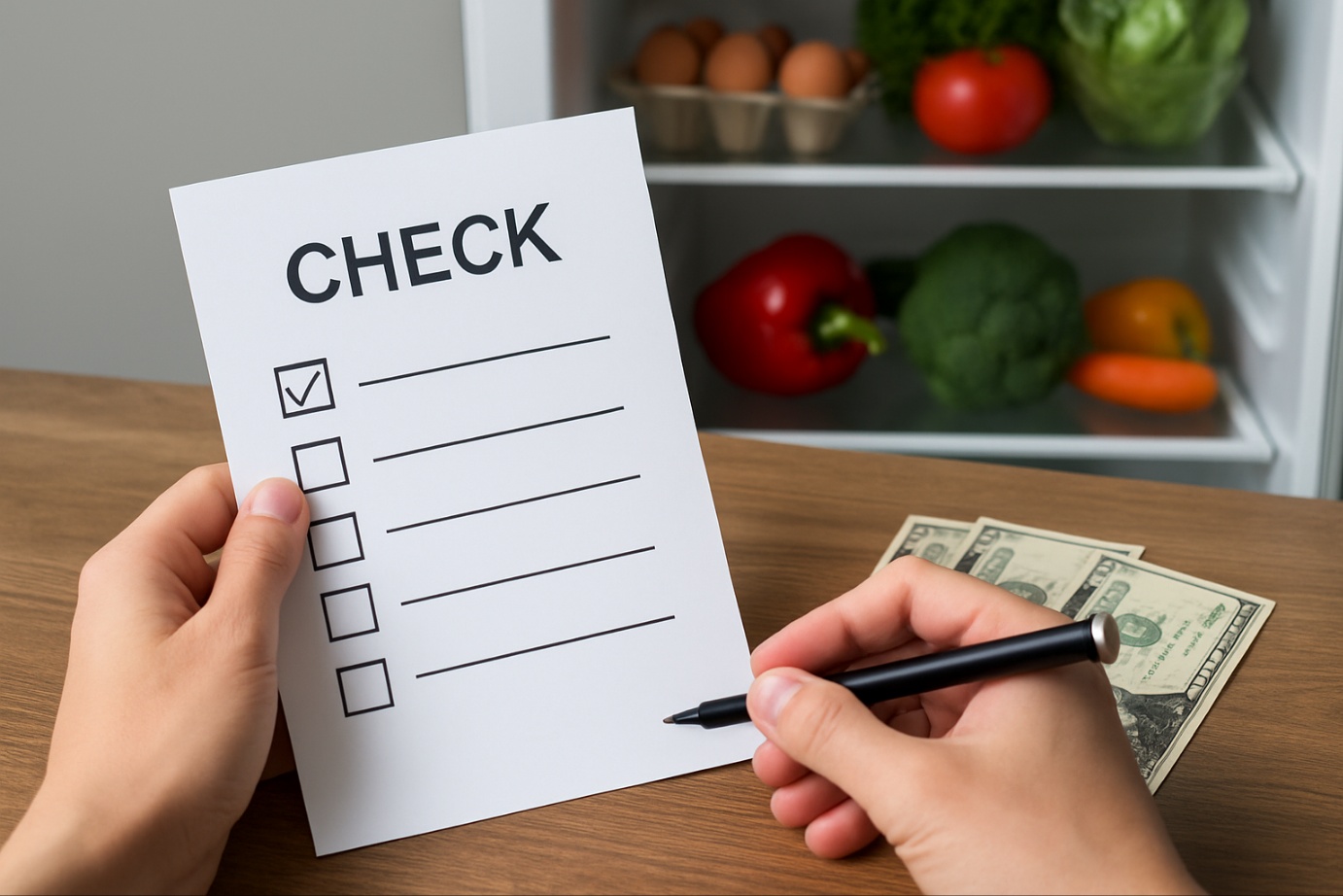 나무테이블 위에서 한 사람이 검은색 펜으로 체크리스트를 작성하고 있고 오른쪽에는 몇장의 미국 지폐가 놓여있으며 배경에는 아채가 가득 담긴 냉장고 문이 열려있는모습