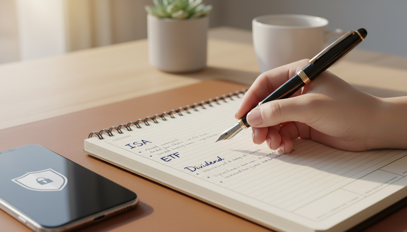 만년필로 플래너에 필기하는 손 클로즈업. 플래너에는 'ISA', 'ETF', '배당'이라는 섹션이 표시되어 있음. 플래너 옆에는 보안 뱅킹 앱 아이콘이 떠 있는 스마트폰이 놓여 있음. 전문적인 책상 세팅, 손과 펜촉에 초점. 종이와 펜의 디테일한 질감. 전략적 계획을 상징.