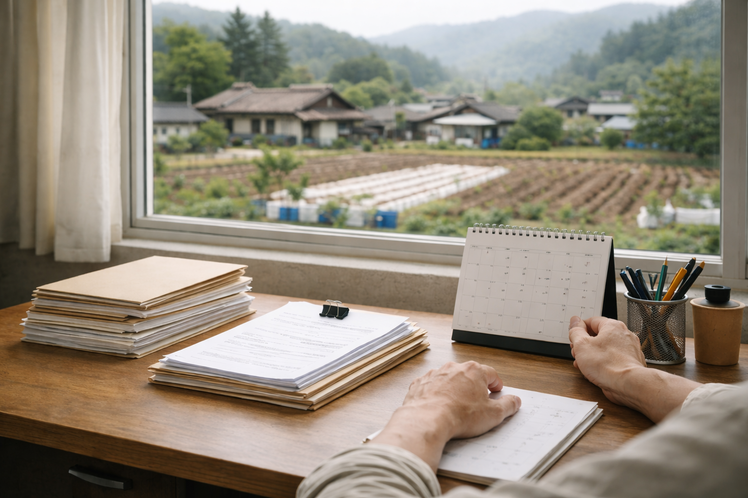 농촌 마을이 보이는 창가 앞 책상 위에 귀농 관련 서류와 일정표가 정리되어 있는 실제 준비 상황