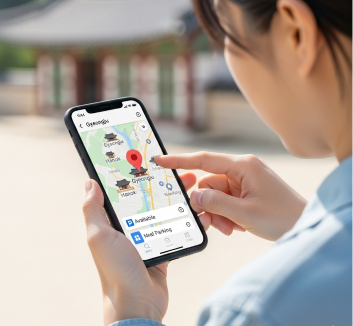 스마트폰을 들고 지도를 보며 맥심가옥의 위치와 주차장을 확인하는 사람. 효율적인 여행 계획을 세우는 모습을 상징