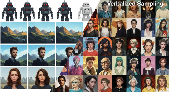 기존 AI 출력(반복적)과 버벌라이즈드 샘플링 적용 AI 출력(다양성)을 비교하는 시각적 이미지. AI의 창의성 증진 효과를 보여줌.
