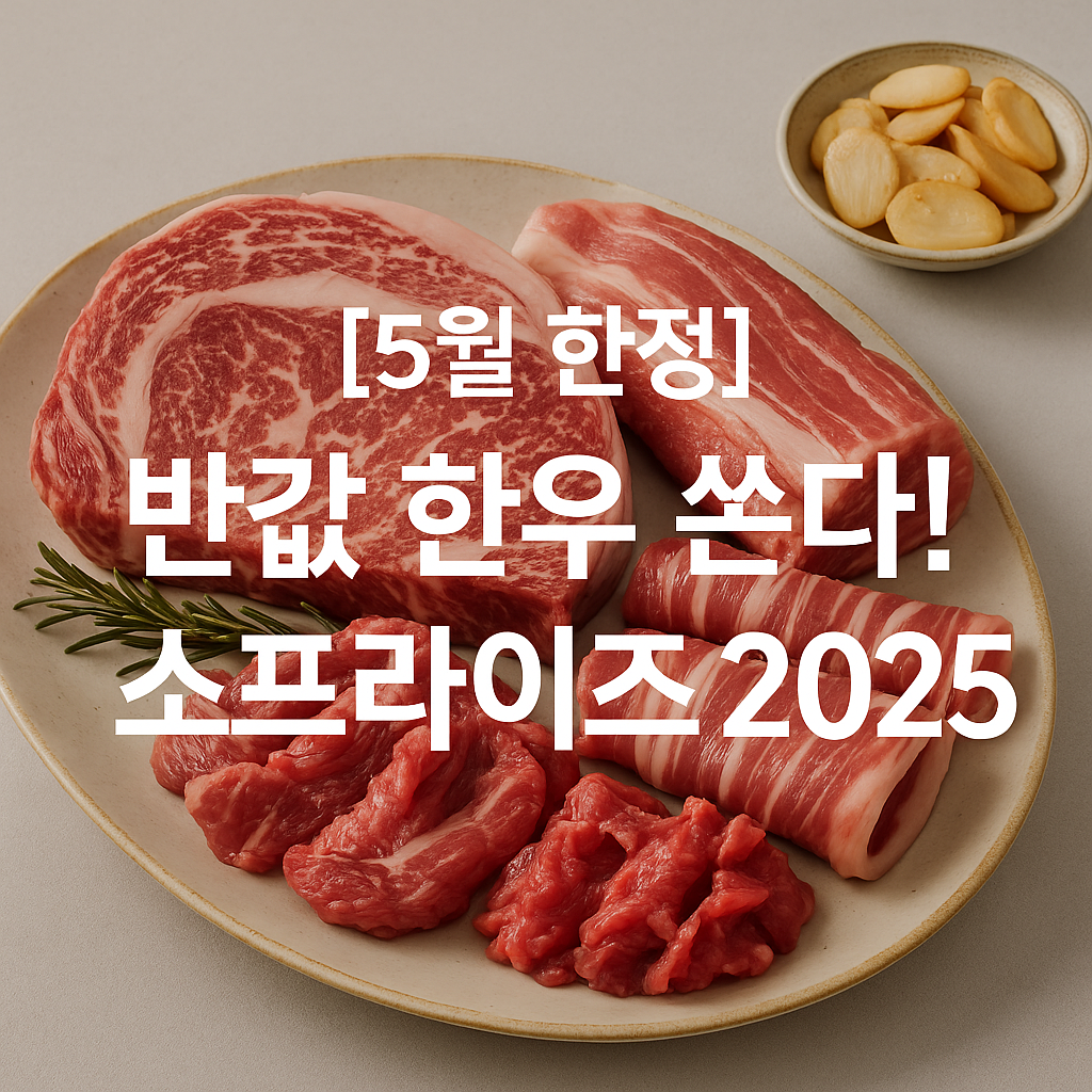2025년 정부 지원 한우 할인 행사 '소프라이즈 2025'를 소개하는 블로그 썸네일. 고급스러운 한우 고기 근접 촬영 배경 위에 굵은 한글 텍스트 '반값 한우'가 깔끔하게 배치되어 있으며, 전체적으로 따뜻하고 신뢰감 있는 분위기를 전달하는 고화질 이미지.&quot;