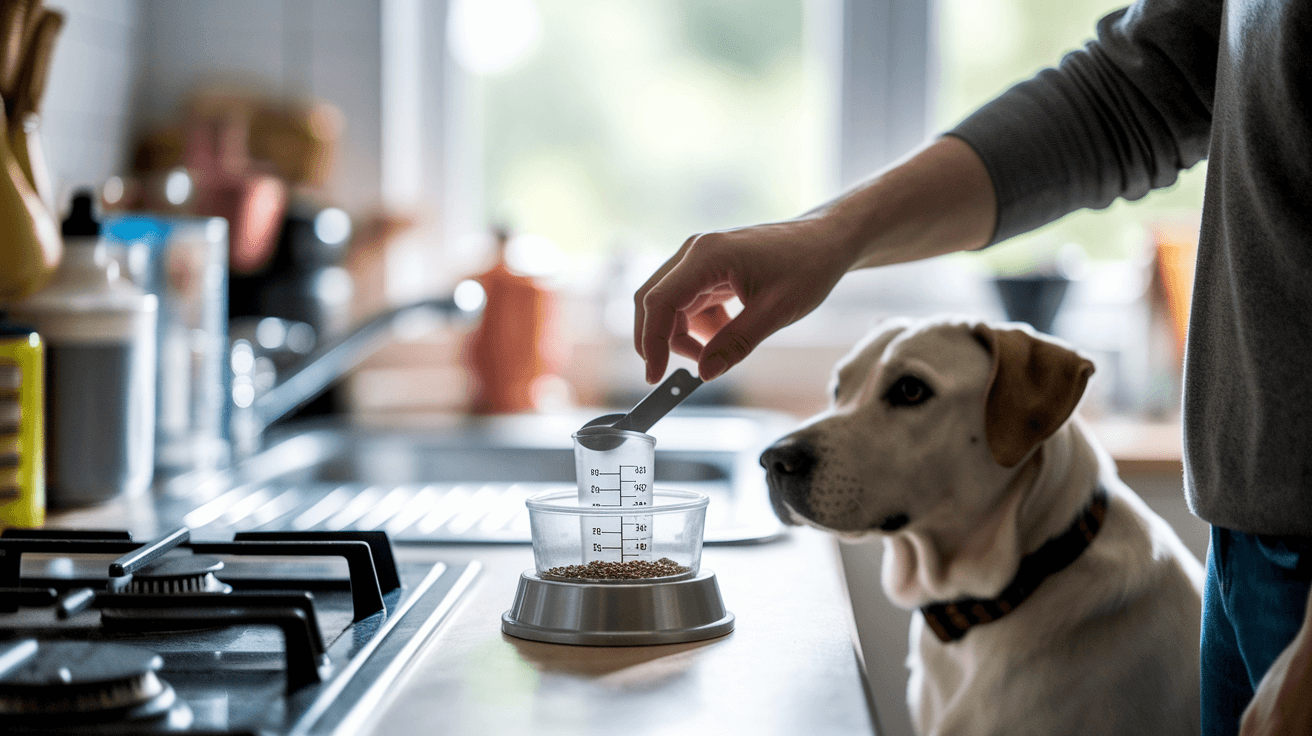 owner measuring dog food with measuring cup