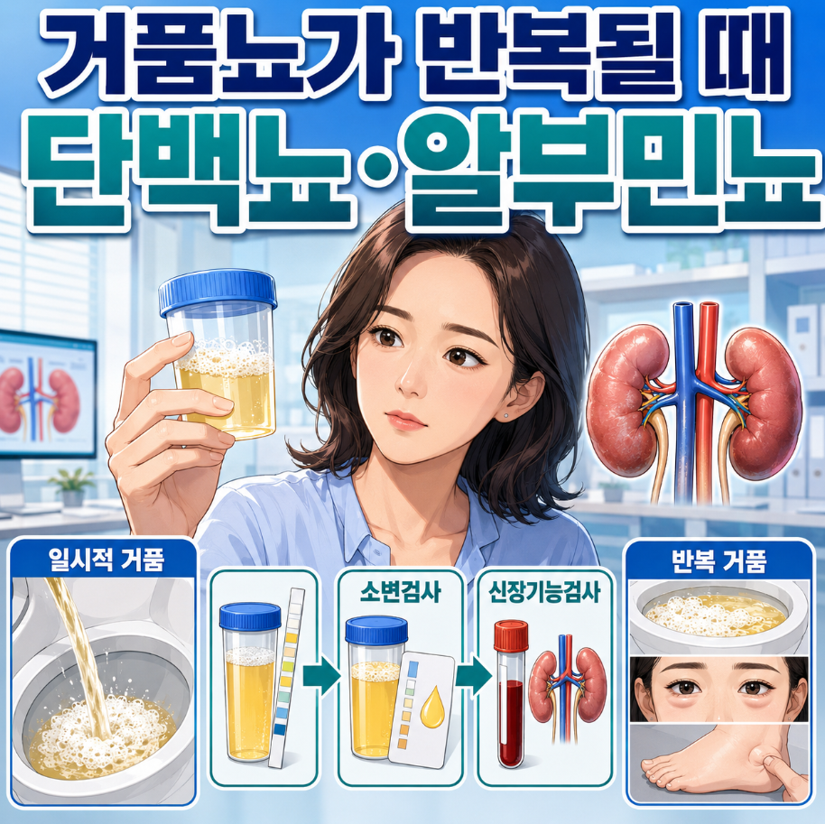 반복되는 거품뇨와 단백뇨·알부민뇨 가능성, 소변검사와 신장기능검사를 설명하는 대표 이미지
