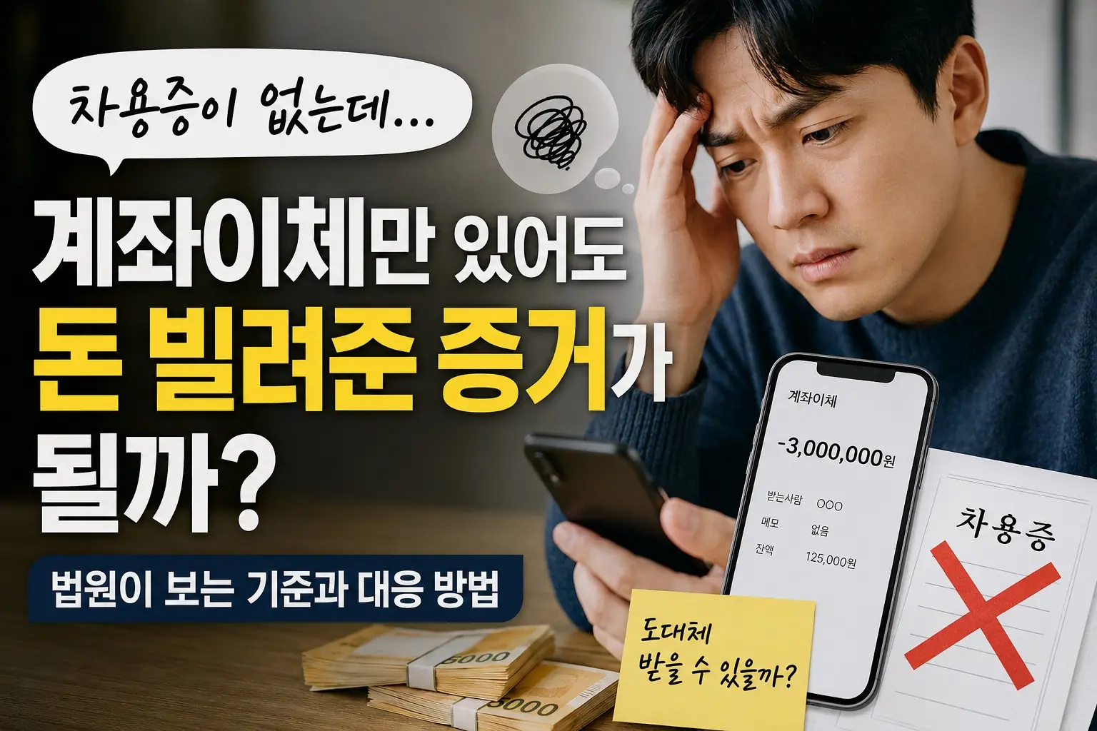 계좌이체만 있어도 돈 빌려준 증거가 될 수 있는지 고민하는 남성
